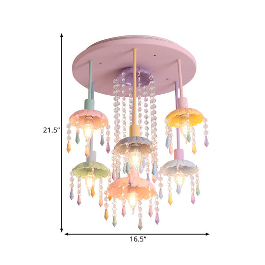 Macaron Beaded Crystal 7 - Light Pink Semi Flush Mount Ceiling Light For Girls’ Bedroom