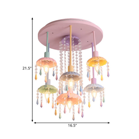 Macaron Beaded Crystal 7-Light Pink Semi Flush Mount Ceiling Light For Girls Bedroom