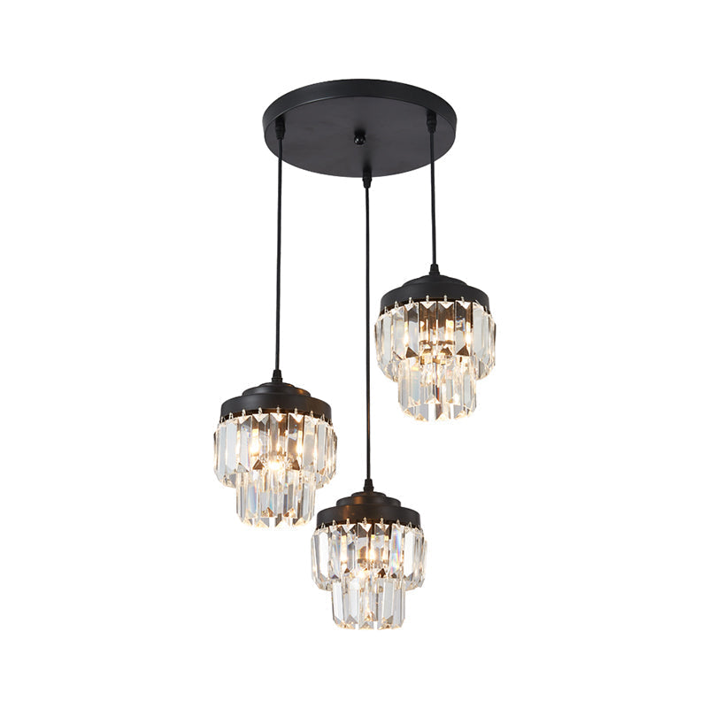 Contemporary 3-Head 2-Tier Cluster Pendant In Black With Clear Crystal Prism Accents - Modern