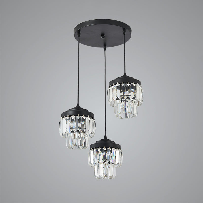 Modern Black Crystal Prism Pendant Lamp With 3 Heads And 2-Tier Cluster - Round/Linear Canopy