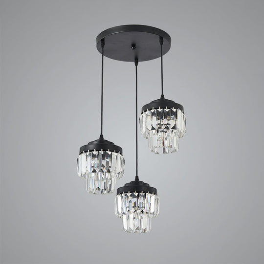 Modern Black Crystal Prism Pendant Lamp With 3 Heads And 2-Tier Cluster - Round/Linear Canopy