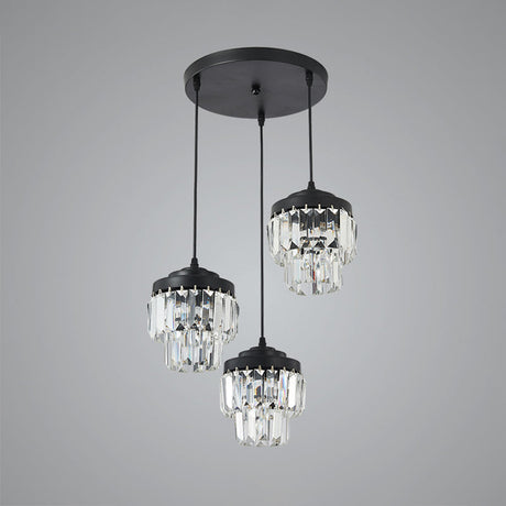 Contemporary 3-Head 2-Tier Cluster Pendant In Black With Clear Crystal Prism Accents - Modern