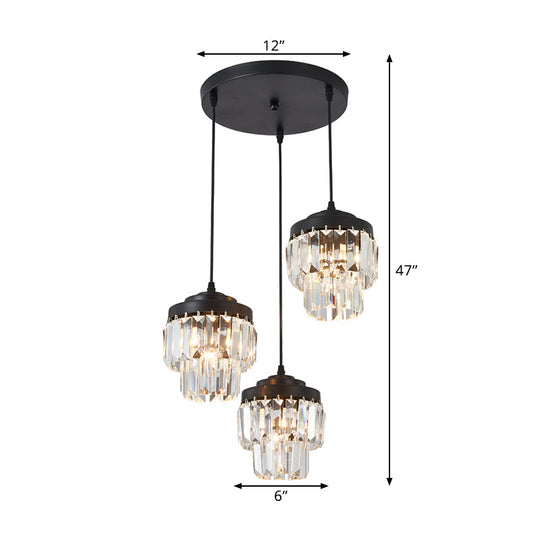 Modern Black Crystal Prism Pendant Lamp With 3 Heads And 2-Tier Cluster - Round/Linear Canopy