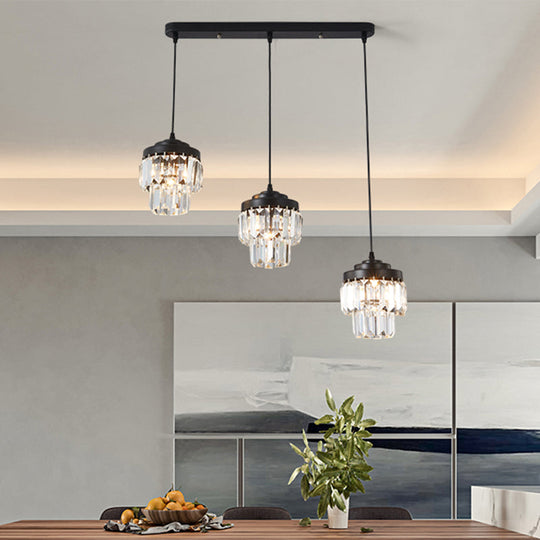 Contemporary 3-Head 2-Tier Cluster Pendant In Black With Clear Crystal Prism Accents - Modern