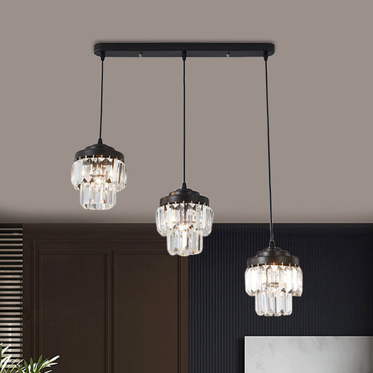 Contemporary 3-Head 2-Tier Cluster Pendant In Black With Clear Crystal Prism Accents - Modern