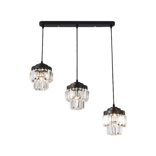 Modern Black Crystal Prism Pendant Lamp With 3 Heads And 2-Tier Cluster - Round/Linear Canopy