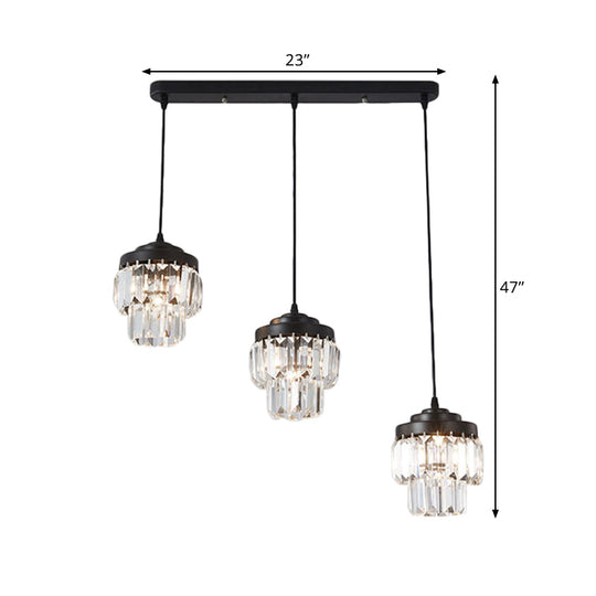 Contemporary 3-Head 2-Tier Cluster Pendant In Black With Clear Crystal Prism Accents - Modern