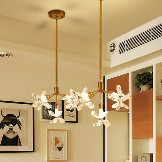 Minimalist Gold Crystal Chandelier With 5 Flower Pendant Heads - Perfect For Dining Room Lighting