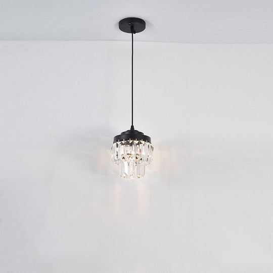Modern 2-Tier Crystal Pendant Light With 1 Bulb Corridor Ceiling Suspension Lamp In Black/Gold