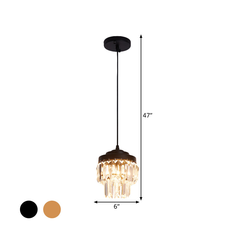 Modern 2-Tier Crystal Pendant Light With 1 Bulb Corridor Ceiling Suspension Lamp In Black/Gold