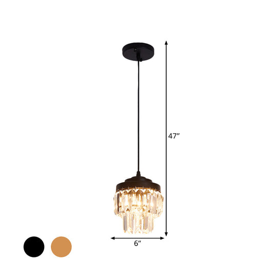 Modern 2-Tier Crystal Pendant Light With 1 Bulb Corridor Ceiling Suspension Lamp In Black/Gold