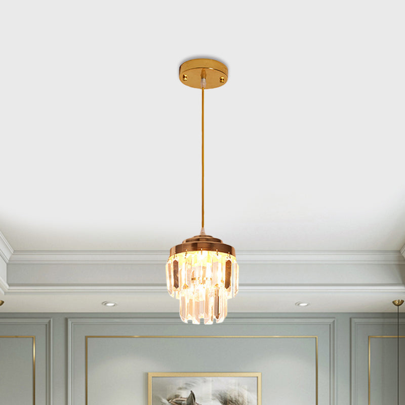 Modern 2-Tier Crystal Pendant Light With 1 Bulb Corridor Ceiling Suspension Lamp In Black/Gold