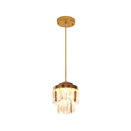 Modern 2-Tier Crystal Pendant Light With 1 Bulb Corridor Ceiling Suspension Lamp In Black/Gold