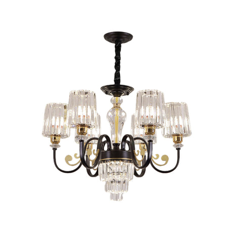Modern Black Chandelier Light With 6 Metal Curvy Arms And Clear Cylinder Shades
