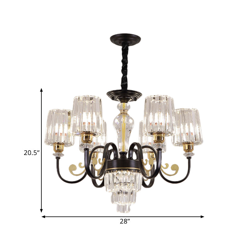 Modern Black 6-Head Chandelier With Clear Cylinder Shade - Sleek Metal Curvy Arms Hanging Light