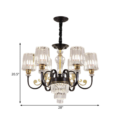 Modern Black Chandelier Light With 6 Metal Curvy Arms And Clear Cylinder Shades