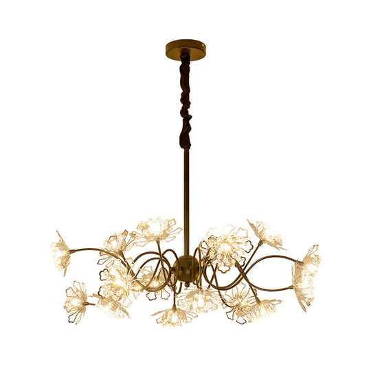 Bronze Floral Pendant Chandelier With Crystal Beads - 16 Bulb Contemporary Metal Light Kit