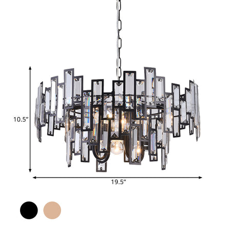 Contemporary Gold/Black Round Bedroom Suspension Light With Clear Crystal Block Embedded Chandelier