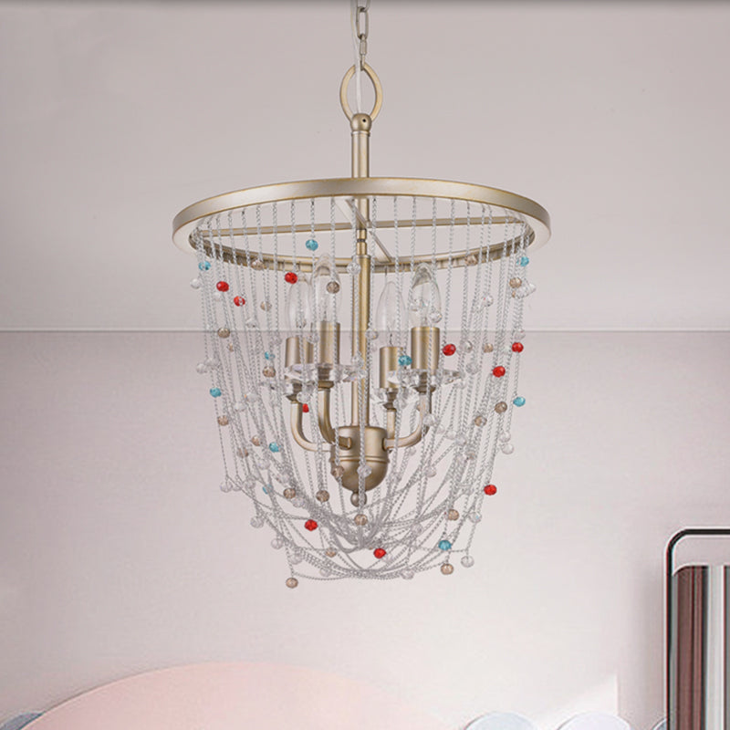 Modern Metal Living Room Chandelier With Crystal Bead Strand Decor Gold Finish 4-Light Candle Style
