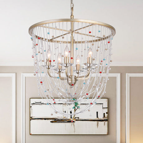 Modern Metal Living Room Chandelier - Candle Style With Crystal Bead Strand Decor Gold Finish 4