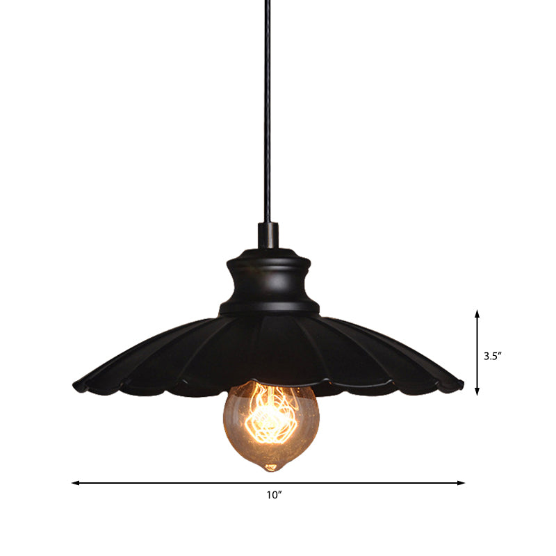 Retro-Style Metallic Black Pendant Lamp With Scalloped Shade - Perfect For Kitchen Lighting