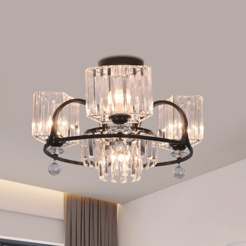 Modern Crystal Trapezoid Light Fixture - 4/8 Bulb Dining Room Semi Flush With Sleek Black Frame