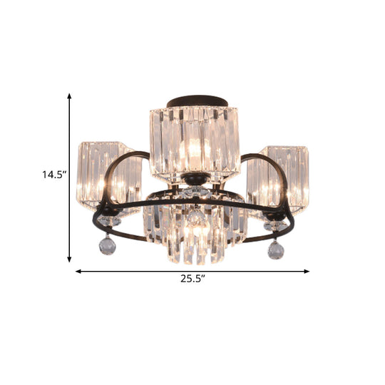 Modern Crystal Trapezoid Light Fixture - 4/8 Bulb Dining Room Semi Flush With Sleek Black Frame