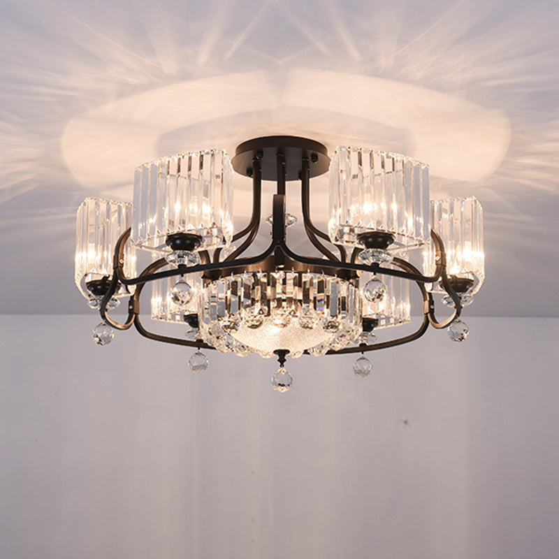 Modern Crystal Trapezoid Light Fixture - 4/8 Bulb Dining Room Semi Flush With Sleek Black Frame