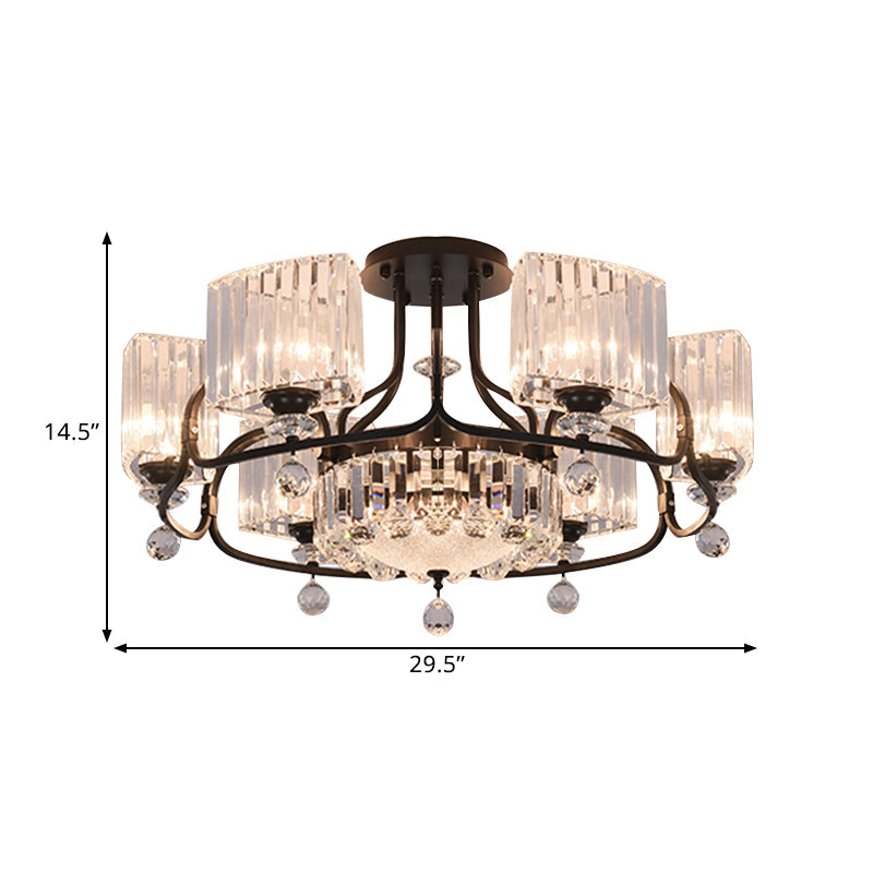 Modern Crystal Trapezoid Light Fixture- 4/8 Bulb Dining Room Semi Flush With Sleek Black Frame