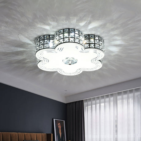 Modern Led Flush Mount Light With Square-Cut Crystals And Floral Design 15.5/19.5 Width