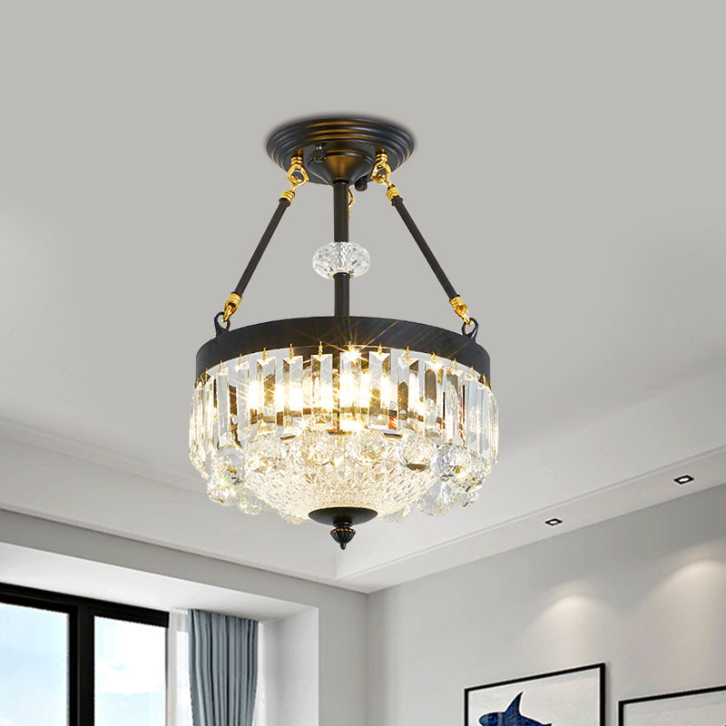 Contemporary Crystal Bowl Semi Flush Light - 4/6 Heads 14.5’/18.5’ Width Ceiling Mount Black