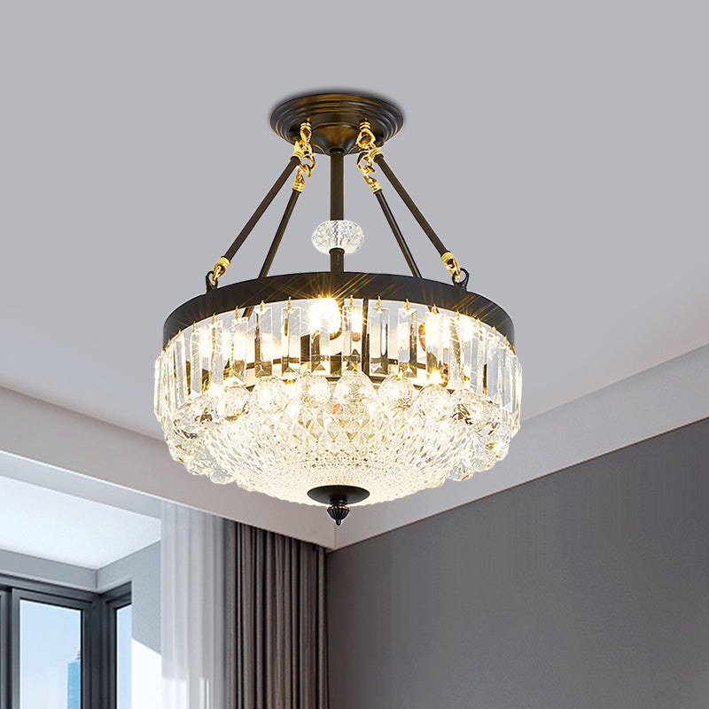 Contemporary Crystal Bowl Semi Flush Light - 4/6 Heads 14.5’/18.5’ Width Ceiling Mount Black Frame