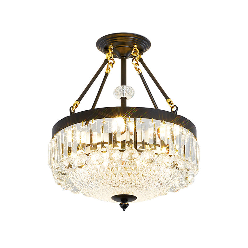 Contemporary Crystal Bowl Semi Flush Light - 4/6 Heads 14.5’/18.5’ Width Ceiling Mount Black Frame