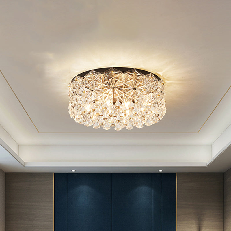 Modern Black Drum Ceiling Light Fixture With Hexagon Crystals - Flush Mount Lamp 18/21.5 W / 18