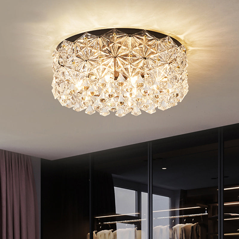 Modern Black Drum Ceiling Light Fixture With Hexagon Crystals - Flush Mount Lamp 18/21.5 W