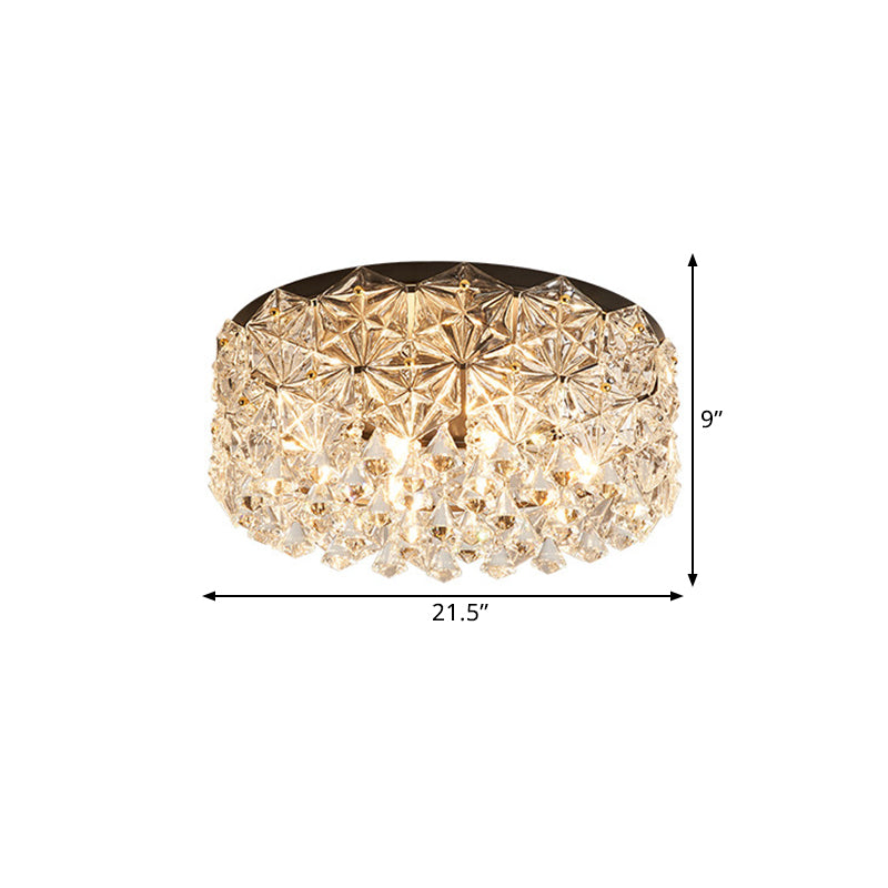 Modern Black Drum Ceiling Light Fixture With Hexagon Crystals - Flush Mount Lamp 18’/21.5’ W