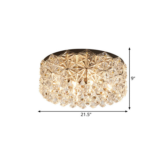 Modern Black Drum Ceiling Light Fixture With Hexagon Crystals - Flush Mount Lamp 18’/21.5’ W