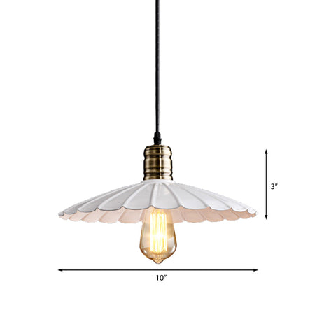 Vintage Scalloped Iron Pendant Light Fixture - 1-Light Adjustable Cord Black/White 10/12 Wide