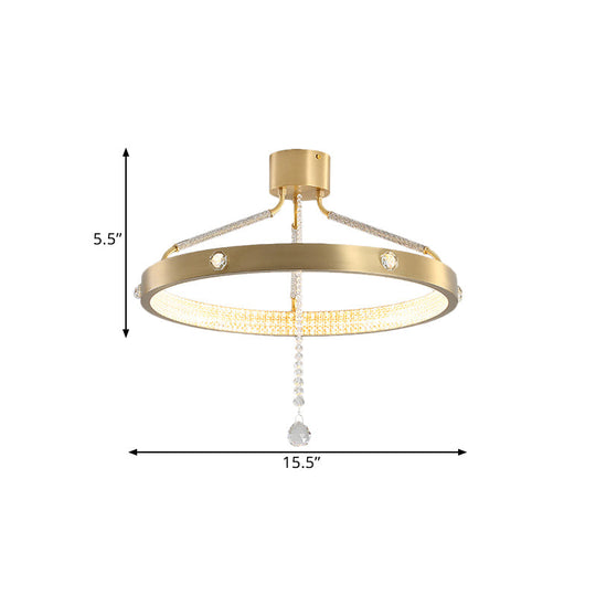 Contemporary Gold Metal Led Semi Flush Mount Ceiling Light With Crystal Strand - 19.5’/15.5’ Wide