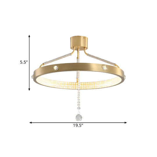 Contemporary Gold Metal Led Semi Flush Mount Ceiling Light With Crystal Strand - 19.5’/15.5’ Wide