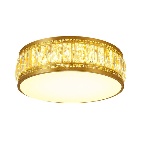 Modern Led Drum Flush Mount Lamp - Gold Finish Rectangular - Cut Crystals 19.5’/23.5’ Width