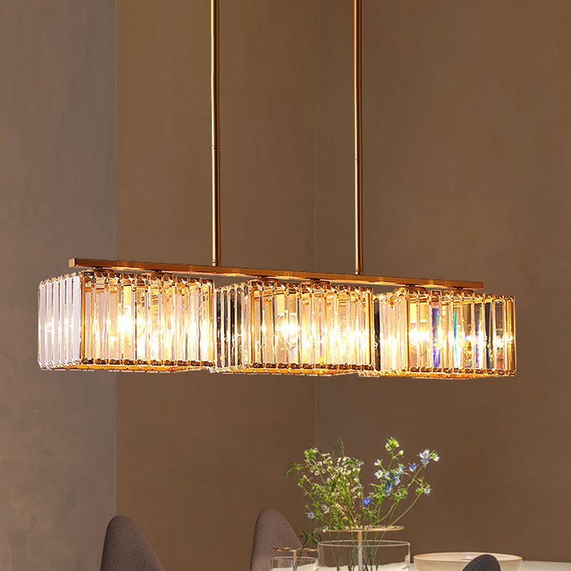 Contemporary Gold Pendant Lighting For Dining Room - Metal Linear Island Lamp With Clear Cuboid