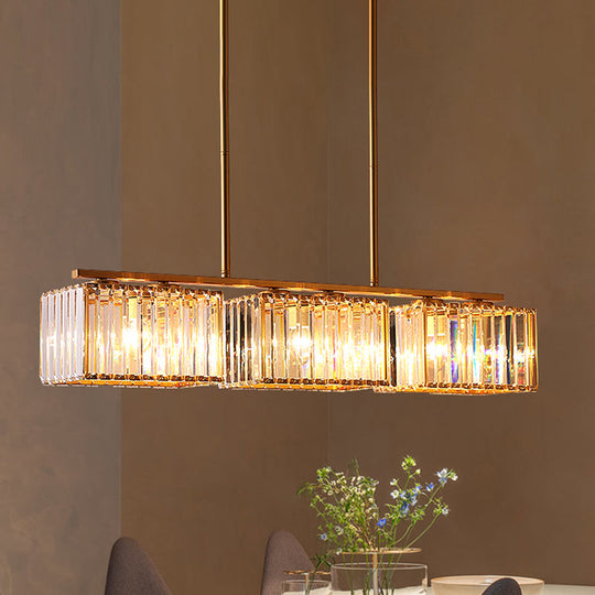 Contemporary Gold Pendant Lighting For Dining Room - Metal Linear Island Lamp With Clear Cuboid
