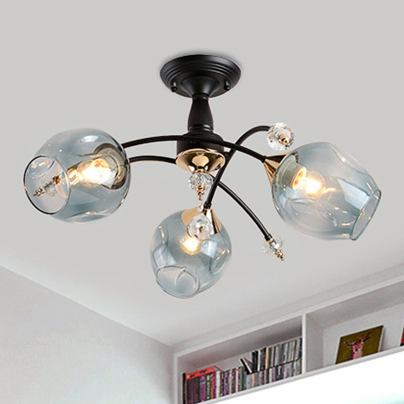 Semi Flush Mount Bedroom Light With Amber/Blue Glass Shade - Modernist Black Led Ceiling Fixture