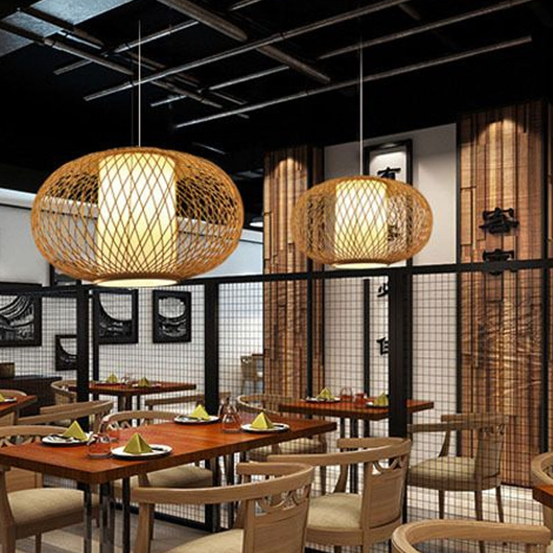 Bamboo Lantern Pendant Light - Tradition Style 1 Bulb 16’/19.5’ Wide Wood Hanging Lamp Kit