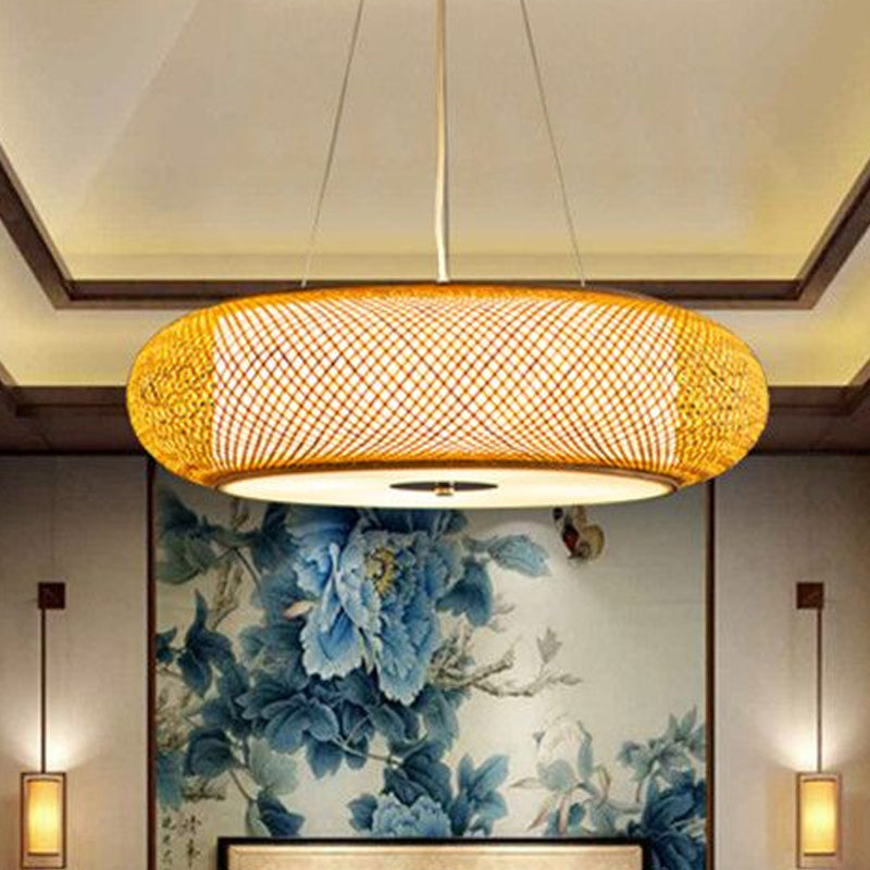 Retro Bamboo Donut Ceiling Lamp - 12’’/16’’/19.5’’ Wide - Wood Hanging Light Fixture with 3 Bulbs