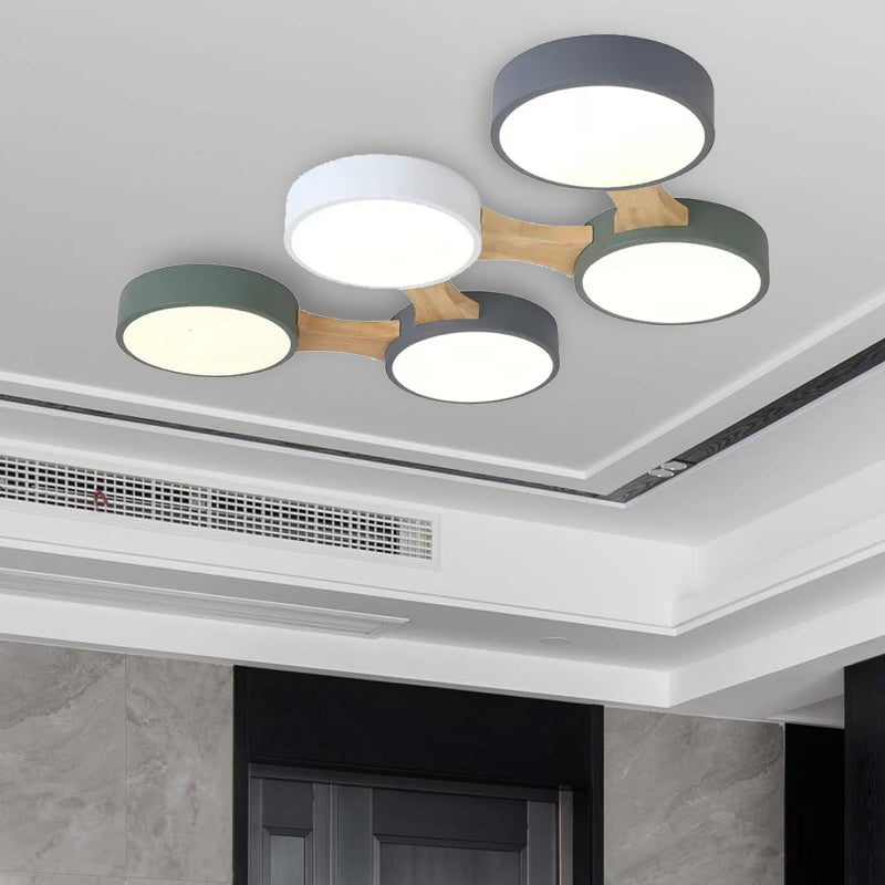 Nordic Wood And Metal Flush Ceiling Light - Round Grey Shade 3/4/5 Lights Ideal For Bedroom