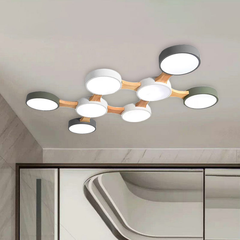 Nordic Wood And Metal Flush Ceiling Light - Round Grey Shade 3/4/5 Lights Ideal For Bedroom