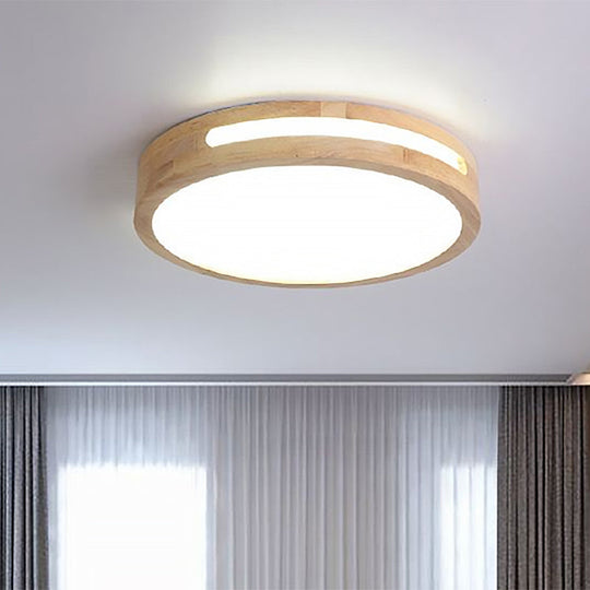 Nordic Led Flush Ceiling Light With Natural Wood Drum Design Warm/White Lighting