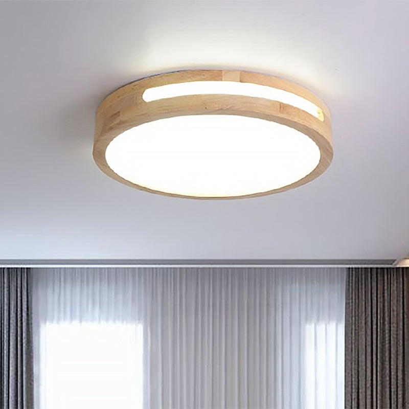 Nordic Led Flush Ceiling Light With Natural Wood Drum Design Warm/White Lighting 12/16/19.5 Diameter